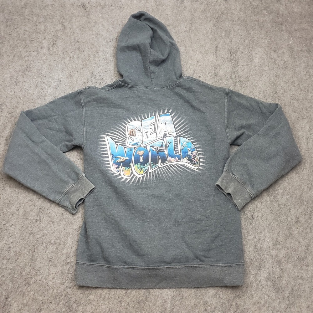 Sea World Sweater Womens Small Gray‎ Shamu Whale Hooded Sweatshirt Zip Ladies